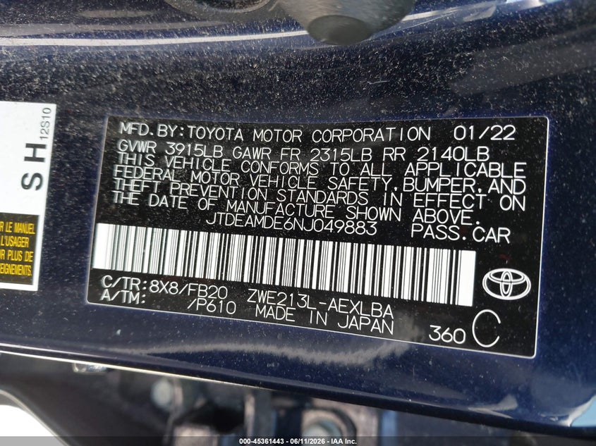 2022 Toyota Corolla VIN JTDEAMDE6NJ049883 IAAI salvage auction — LEFT SIDE, Mv-907A (New York), sold $7,300 on 2026-07-14 (photo 9)