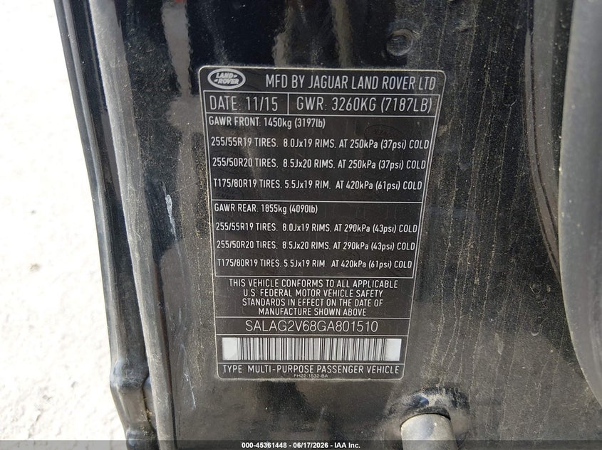 2016 Land rover Lr4 VIN SALAG2V68GA801510 IAAI salvage auction — FRONT END, Salvage (Tennessee), sold $25 on 2026-07-08 (photo 9)