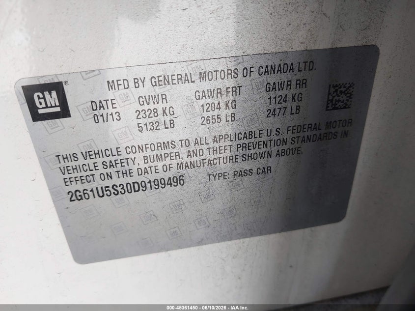 2013 Cadillac Xts VIN 2G61U5S30D9199496 IAAI salvage auction — REAR END, Salvage Title, sold $1,500 on 2026-07-19 (photo 9)