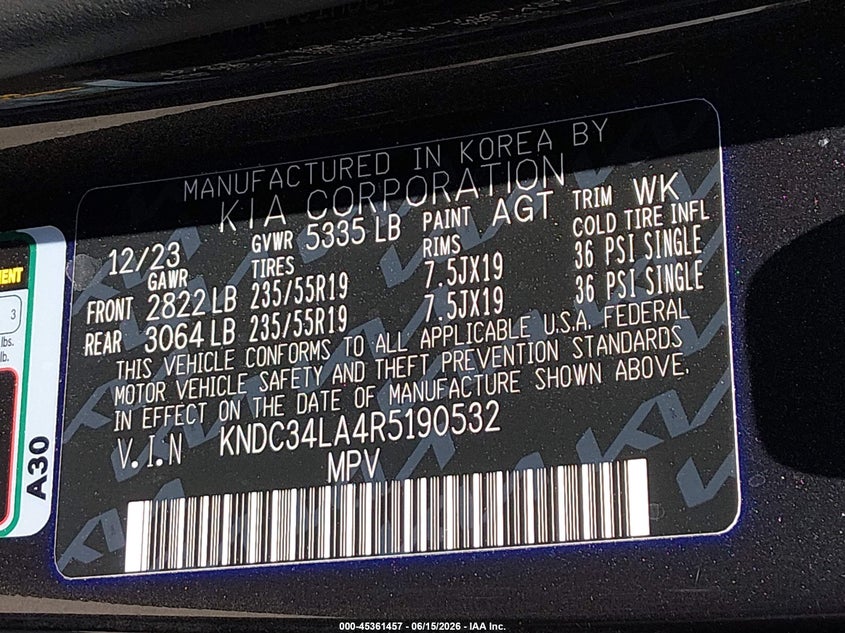 2024 Kia Ev6 VIN KNDC34LA4R5190532 IAAI salvage auction — FRONT END, Wait Title, sold $10,600 on 2026-08-16 (photo 9)