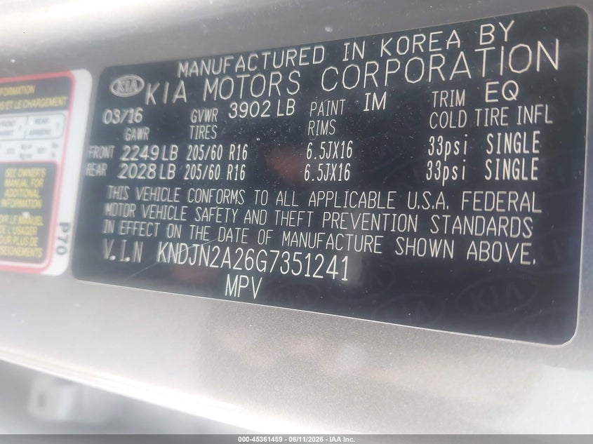 2016 Kia Soul VIN KNDJN2A26G7351241 IAAI salvage auction — NORMAL WEAR, Clear (Missouri), sold $675 on 2026-07-27 (photo 9)