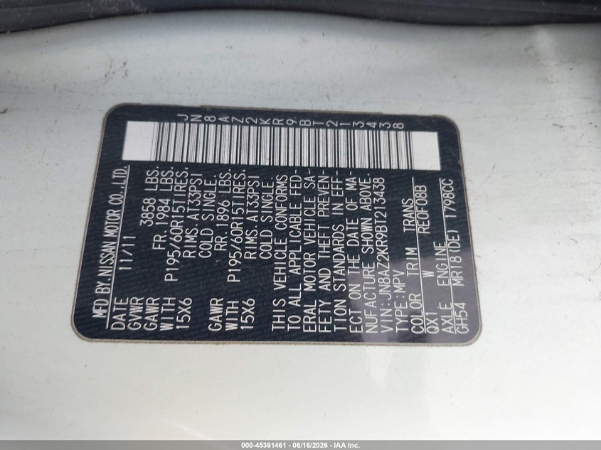 2011 Nissan Cube VIN JN8AZ2KR9BT213438 IAAI salvage auction — FRONT END, Salvage (Ohio), sold $550 on 2026-07-20 (photo 9)
