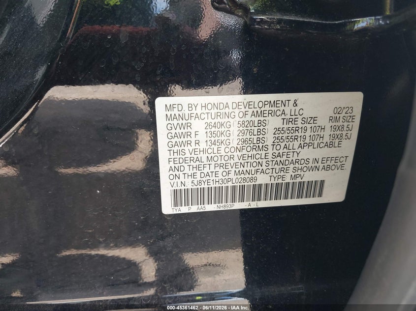 2023 Acura Mdx VIN 5J8YE1H30PL028089 IAAI salvage auction — FRONT END, Clear (Tennessee), sold $11,000 on 2026-07-23 (photo 9)