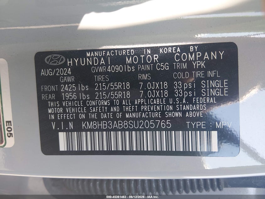 2025 Hyundai Kona VIN KM8HB3AB8SU205765 IAAI salvage auction — FRONT END, Salvage (South Carolina), sold $5,200 on 2026-07-25 (photo 9)