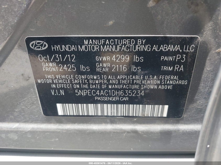 2013 Hyundai Sonata VIN 5NPEC4AC1DH635234 IAAI salvage auction — RIGHT SIDE, Original (Texas), sold $425 on 2026-07-08 (photo 9)