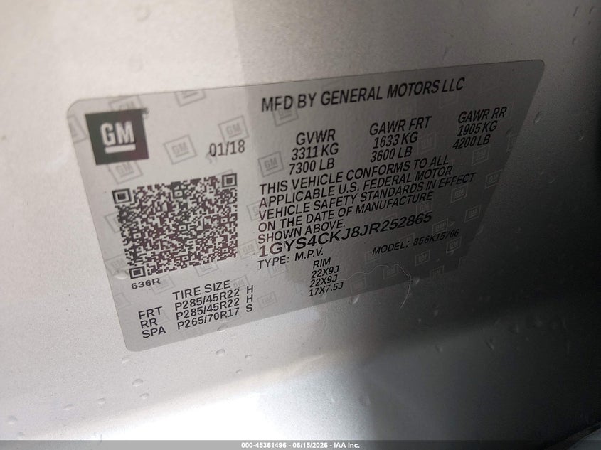 2018 Cadillac Escalade VIN 1GYS4CKJ8JR252865 IAAI salvage auction — FRONT END, Salvage (Mississippi), sold $13,700 on 2026-07-09 (photo 9)