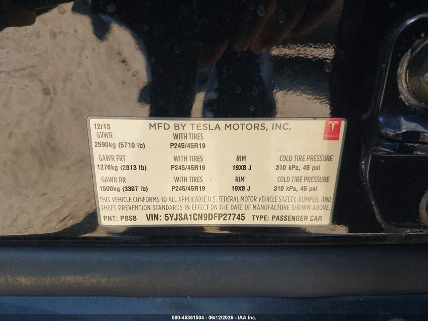 2013 Tesla Model s VIN 5YJSA1CN9DFP27745 IAAI salvage auction — FRONT END, Salvage Title, sold $3,000 on 2026-07-24 (photo 9)