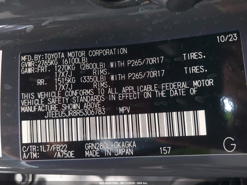 2024 Toyota 4runner VIN JTEEU5JR8R5306783 IAAI salvage auction — FRONT END, Salvage (Arizona), sold $9,100 on 2026-07-21 (photo 9)