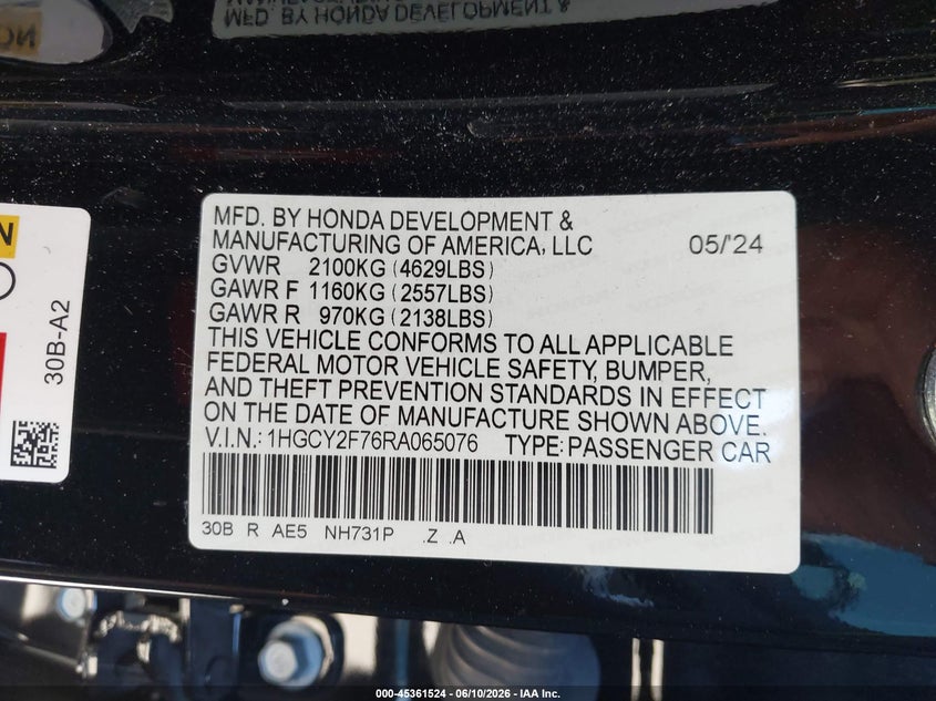2024 Honda Accord VIN 1HGCY2F76RA065076 IAAI salvage auction — THEFT, Salvage (California), sold $10,375 on 2026-07-30 (photo 9)