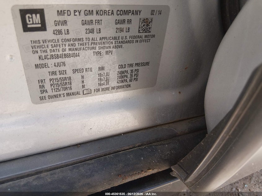 2014 Buick Encore VIN KL4CJBSB4EB684044 IAAI salvage auction — LEFT REAR, Salvage (Texas), sold $525 on 2026-07-09 (photo 9)