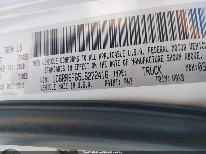 2018 Ram 1500 VIN 1C6RR6FG5JS272416 IAAI salvage auction — LEFT SIDE, SF97 (Illinois), sold $14,200 on 2026-07-09 (photo 9)