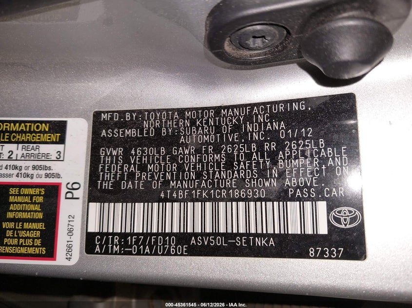 2012 Toyota Camry VIN 4T4BF1FK1CR186930 IAAI salvage auction — FRONT END, Salvage (Oregon), sold $675 on 2026-08-21 (photo 9)
