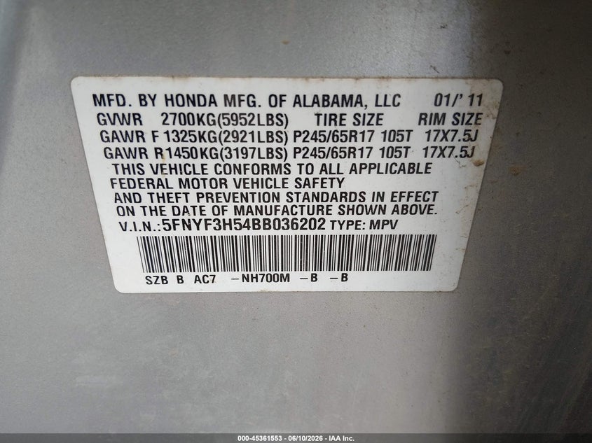 2011 Honda Pilot VIN 5FNYF3H54BB036202 IAAI salvage auction — FRONT END, Clear - Public Restricted (Oregon), sold $700 on 2026-07-09 (photo 9)