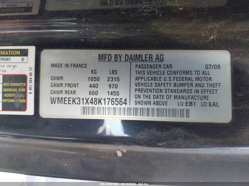 2008 Smart Fortwo VIN WMEEK31X48K176564 IAAI salvage auction — NORMAL WEAR, Clear - Dealer Only (California), sold $350 on 2026-08-13 (photo 9)