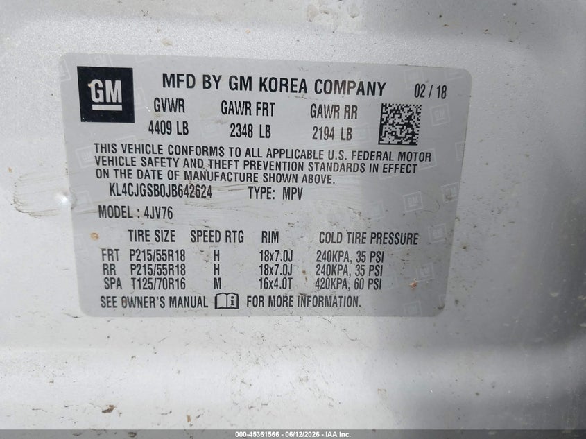 2018 Buick Encore VIN KL4CJGSB0JB642624 IAAI salvage auction — FRONT & REAR, Salvage (Ohio), sold $2,250 on 2026-07-10 (photo 9)