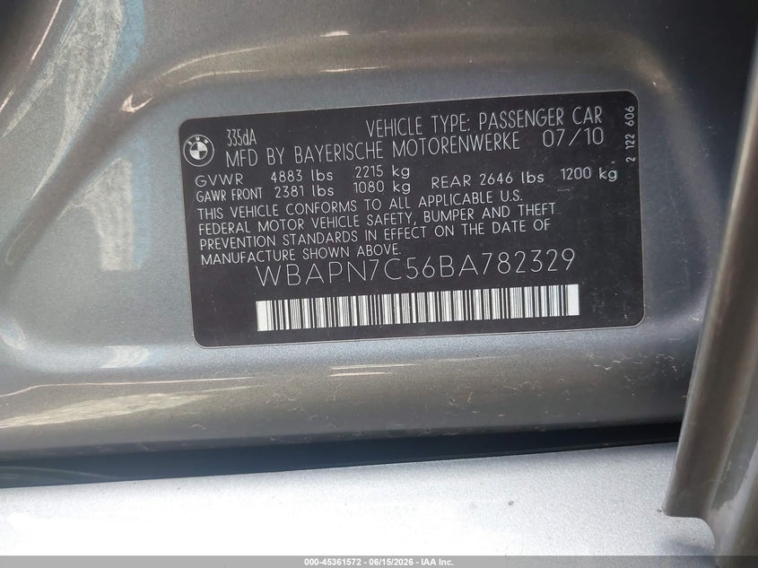2011 BMW 3er VIN WBAPN7C56BA782329 IAAI salvage auction — ROLLOVER, Salvage (Ohio), sold $450 on 2026-07-31 (photo 9)