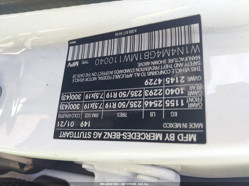 2021 Mercedes-benz Glb VIN W1N4M4GB1MW110040 IAAI salvage auction — Burn Engine, Salvage Title, sold $875 on 2026-07-29 (photo 9)