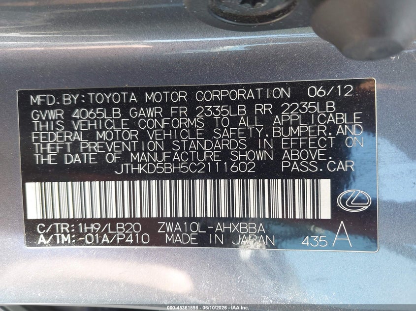 2012 Lexus Ct VIN JTHKD5BH5C2111602 IAAI salvage auction — NORMAL WEAR, Clear - Dealer Only (California), sold $2,825 on 2026-07-07 (photo 9)