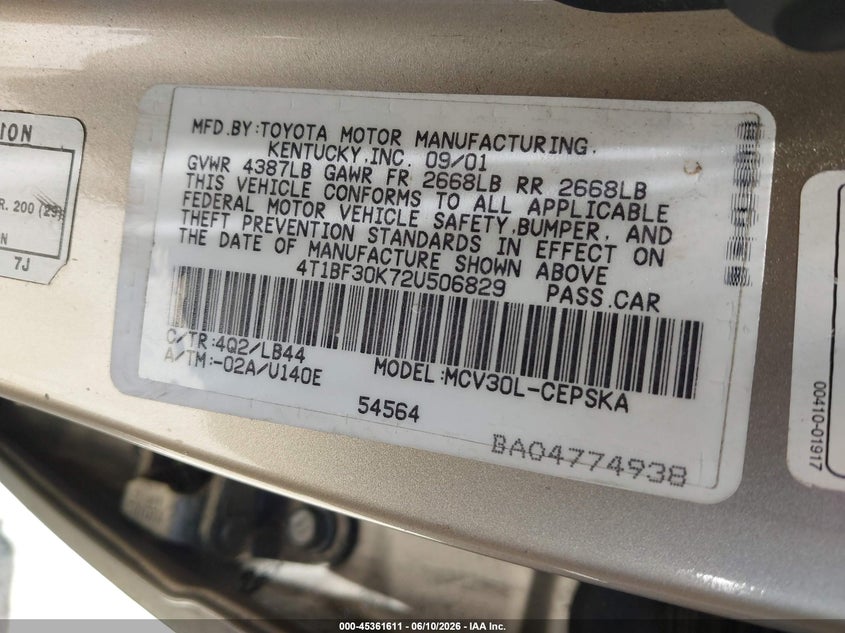 2002 Toyota Camry VIN 4T1BF30K72U506829 IAAI salvage auction — NORMAL WEAR, App For Dup Clear (California), sold $375 on 2026-07-09 (photo 9)