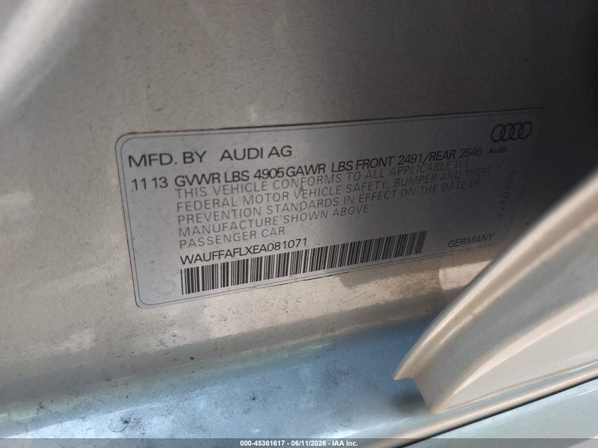 2014 Audi A4 VIN WAUFFAFLXEA081071 IAAI salvage auction — FRONT END, Clear (Virginia), sold $1,500 on 2026-07-31 (photo 9)