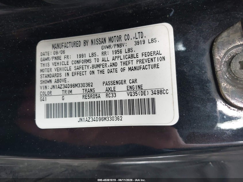 2006 Nissan 350z VIN JN1AZ34D96M330362 IAAI salvage auction — FRONT END, Salvage (North Carolina), sold $450 on 2026-07-18 (photo 9)