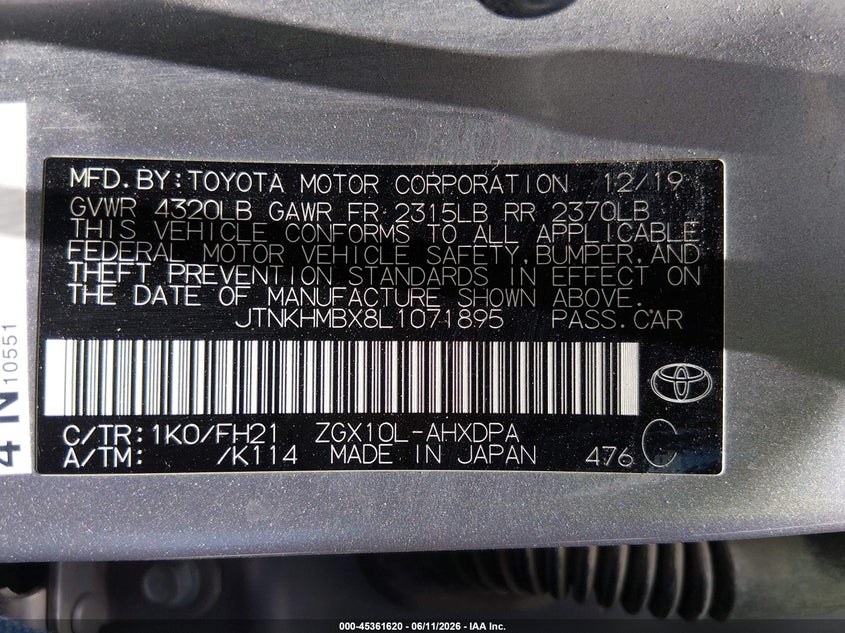 2020 Toyota C-hr VIN JTNKHMBX8L1071895 IAAI salvage auction — RIGHT SIDE, Original (Texas), sold $4,300 on 2026-07-28 (photo 9)