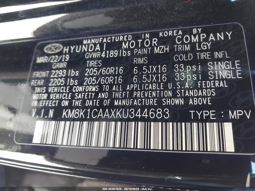 2019 Hyundai Kona VIN KM8K1CAAXKU344683 IAAI salvage auction — NORMAL WEAR, Salvage (California), sold $2,200 on 2026-07-29 (photo 9)
