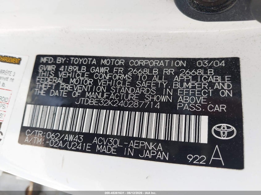 2004 Toyota Camry VIN JTDBE32K240287714 IAAI salvage auction — ALL OVER, Clear (Massachusetts), sold $325 on 2026-07-07 (photo 9)