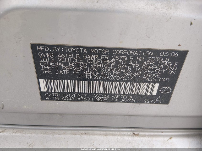 2006 Lexus Is VIN JTHCK262762004537 IAAI salvage auction — NORMAL WEAR, Clear (Virginia), sold $300 on 2026-07-10 (photo 9)