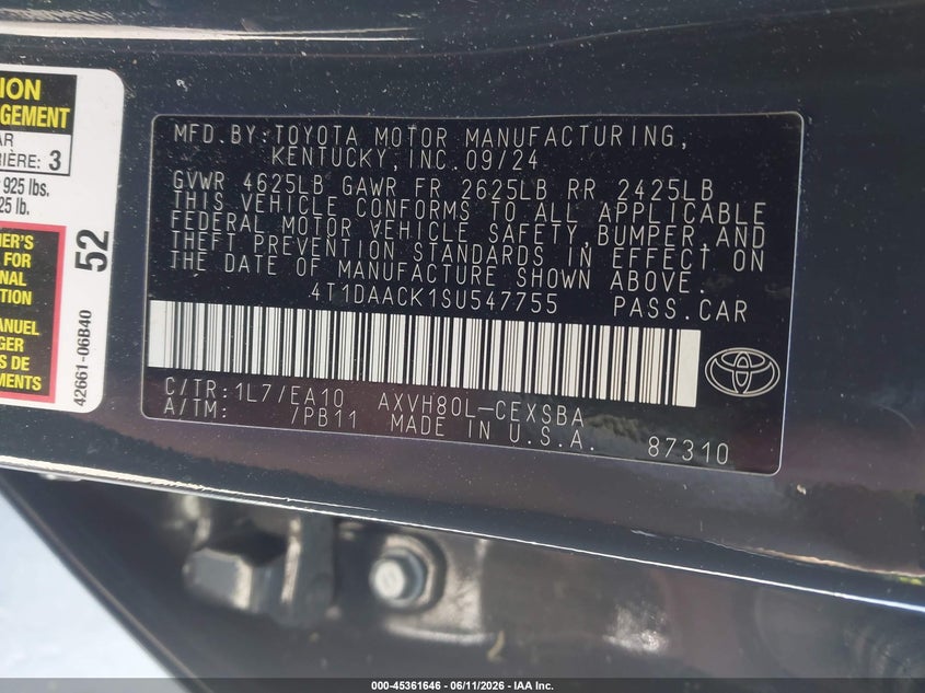 2025 Toyota Camry VIN 4T1DAACK1SU547755 IAAI salvage auction — FRONT & REAR, Salvage Title, sold $10,500 on 2026-07-31 (photo 9)