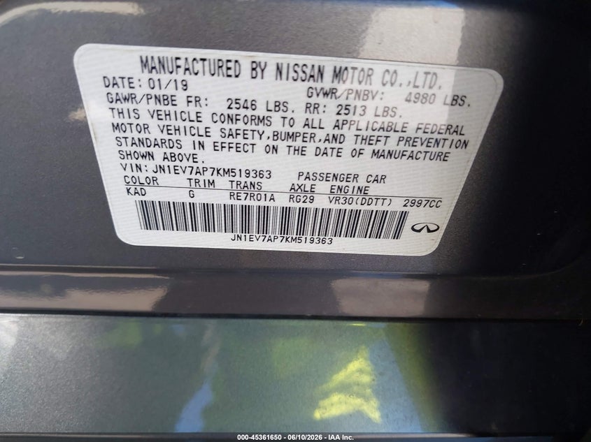 2019 Infiniti Q50 VIN JN1EV7AP7KM519363 IAAI salvage auction — BIO HAZARD, Salvage Title, sold $25 on 2026-07-29 (photo 9)
