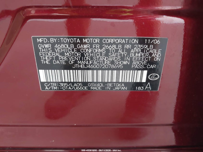 2007 Lexus ES VIN JTHBJ46G072078695 IAAI salvage auction — RIGHT FRONT, Rebuildable (Florida), sold $250 on 2026-07-08 (photo 9)