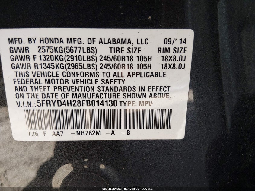 2015 Acura Mdx VIN 5FRYD4H28FB014130 IAAI salvage auction — FRONT END, Salvage Title, sold $900 on 2026-07-11 (photo 9)