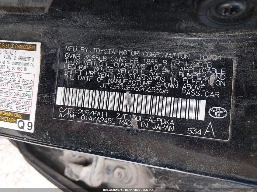 2005 Toyota Corolla VIN JTDBR32E552065656 IAAI salvage auction — NORMAL WEAR, Certificate Of Title (Nebraska), sold $525 on 2026-07-30 (photo 9)