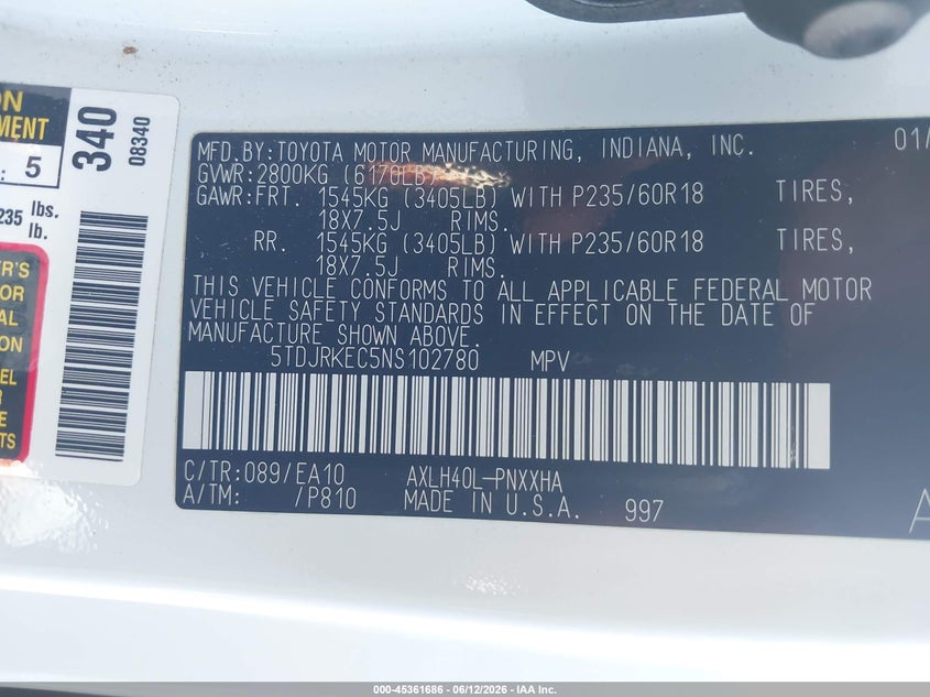 2022 Toyota Sienna VIN 5TDJRKEC5NS102780 IAAI salvage auction — REAR END, Salvage Title, sold $14,800 on 2026-08-19 (photo 9)