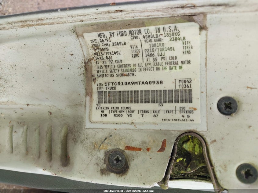 1991 Ford Ranger VIN 1FTCR10A9MTA40938 IAAI salvage auction — WATER/FLOOD, Original (Texas), sold $375 on 2026-07-09 (photo 9)