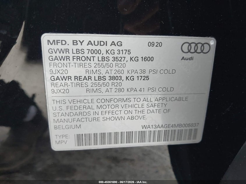 2021 Audi E-tron sportback VIN WA13AAGE4MB005837 IAAI salvage auction — REAR END, Bill Of Sale (Washington), sold $4,050 on 2026-07-29 (photo 9)