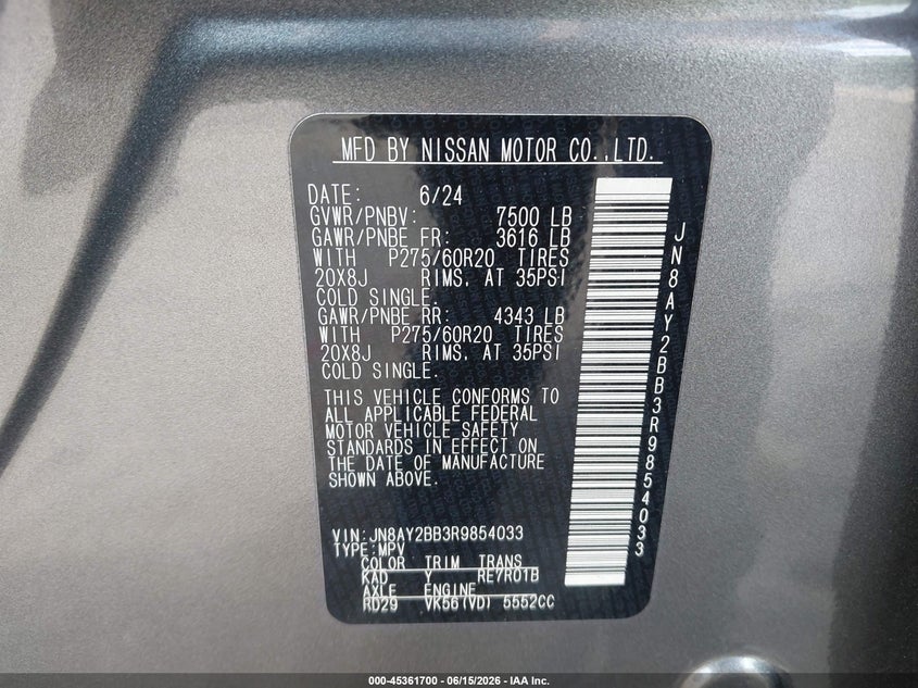 2024 Nissan Armada VIN JN8AY2BB3R9854033 IAAI salvage auction — RIGHT SIDE, Salvage (New Jersey), sold $15,900 on 2026-07-30 (photo 9)