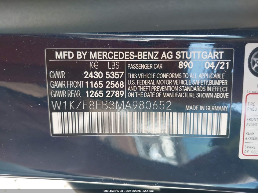 2021 Mercedes-benz E-klasse VIN W1KZF8EB3MA980652 IAAI salvage auction — RIGHT SIDE, Salvage (Alabama), sold $1,050 on 2026-07-21 (photo 9)