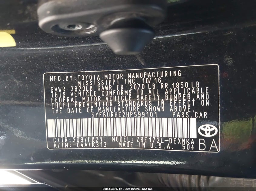 2017 Toyota Corolla VIN 5YFBURHE2HP599101 IAAI salvage auction — NORMAL WEAR, Original (Texas), sold $2,650 on 2026-07-29 (photo 9)