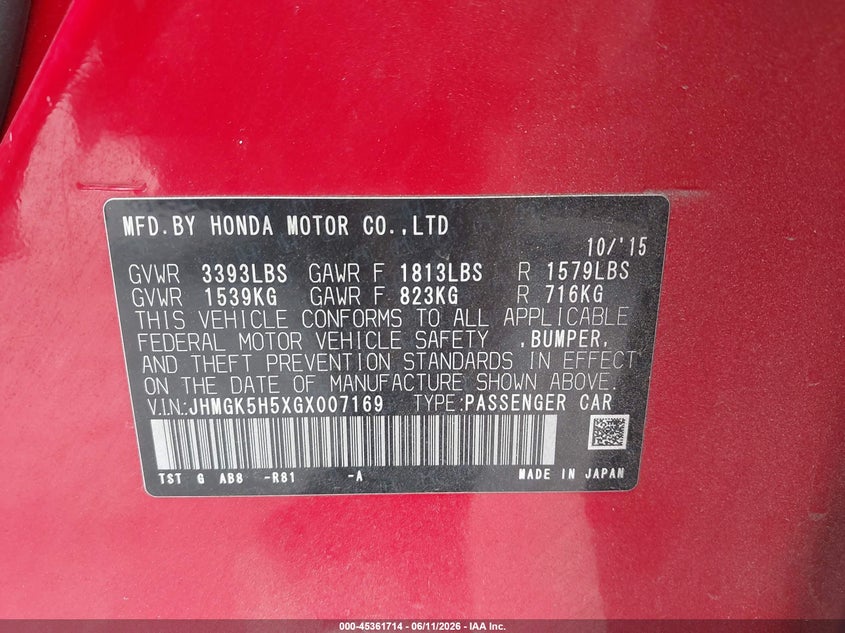 2016 Honda Fit VIN JHMGK5H5XGX007169 IAAI salvage auction — FRONT END, Salvage (Texas), sold $1,400 on 2026-07-28 (photo 9)