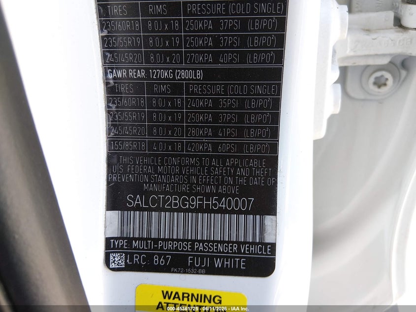 2015 Land rover Discovery sport VIN SALCT2BG9FH540007 IAAI salvage auction — LEFT & RIGHT, Salvage (California), sold $1,775 on 2026-07-29 (photo 9)