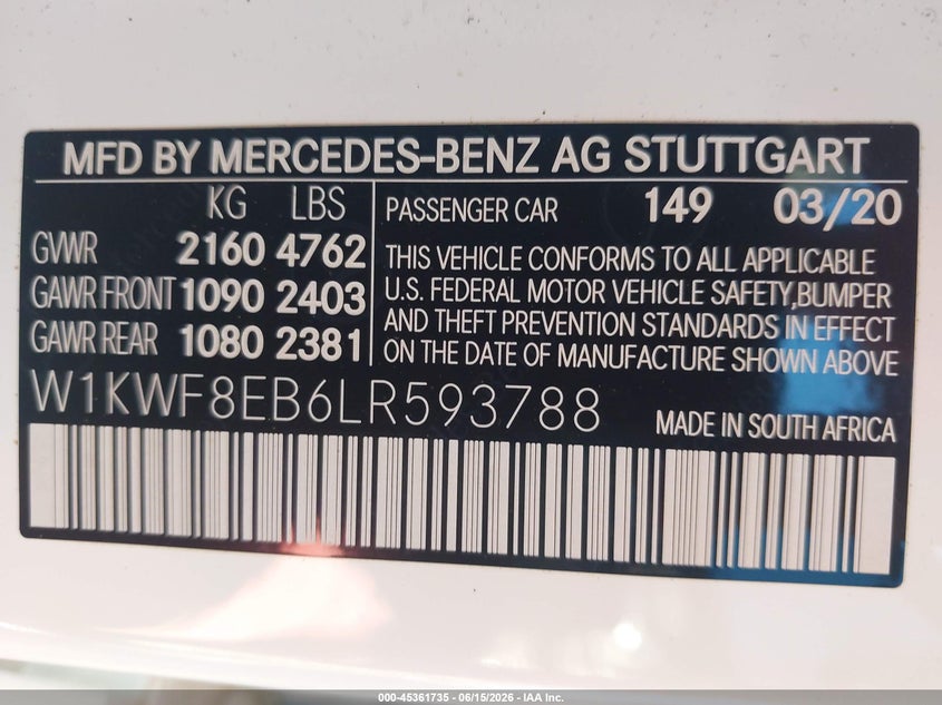 2020 Mercedes-benz C-klasse VIN W1KWF8EB6LR593788 IAAI salvage auction — LEFT FRONT, Salvage Title, sold $11,825 on 2026-08-21 (photo 9)