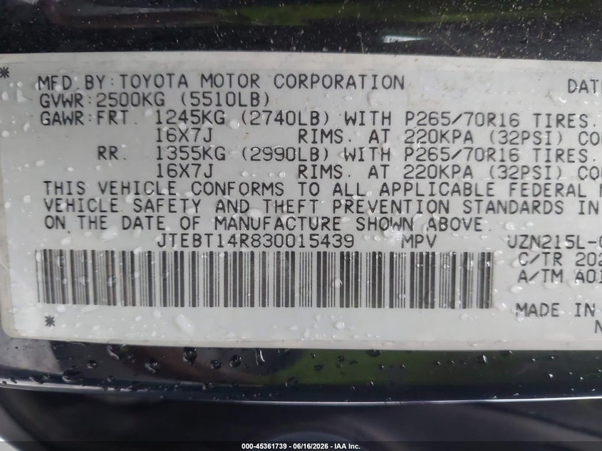2003 Toyota 4runner VIN JTEBT14R830015439 IAAI salvage auction — NORMAL WEAR, Clear (Florida), sold $2,400 on 2026-07-16 (photo 9)