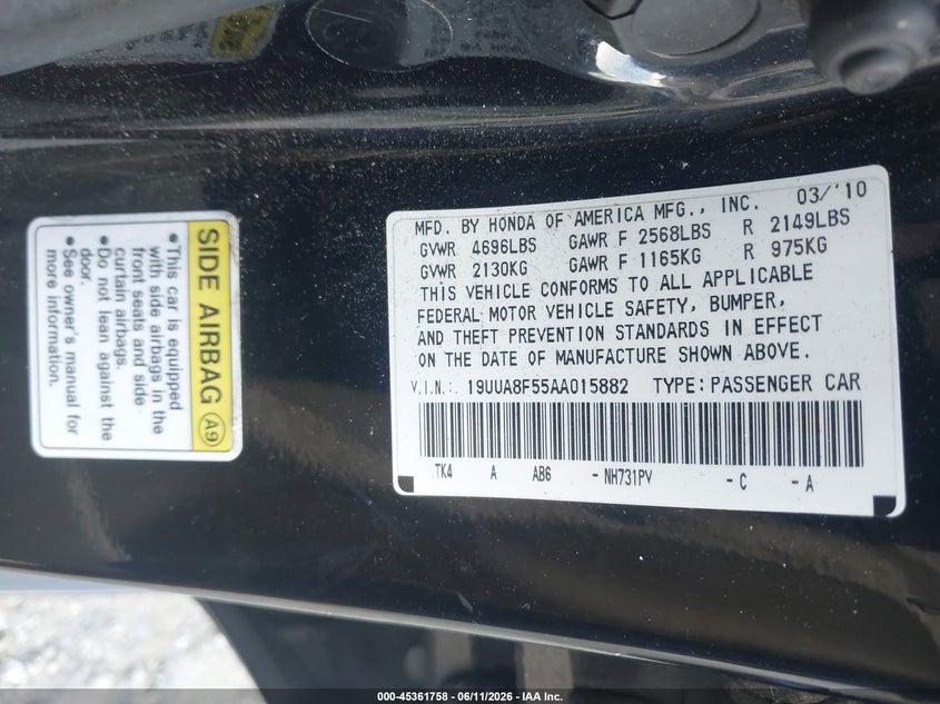2010 Acura Tl VIN 19UUA8F55AA015882 IAAI salvage auction — RIGHT FRONT, Salvage (Georgia), sold $725 on 2026-07-24 (photo 9)