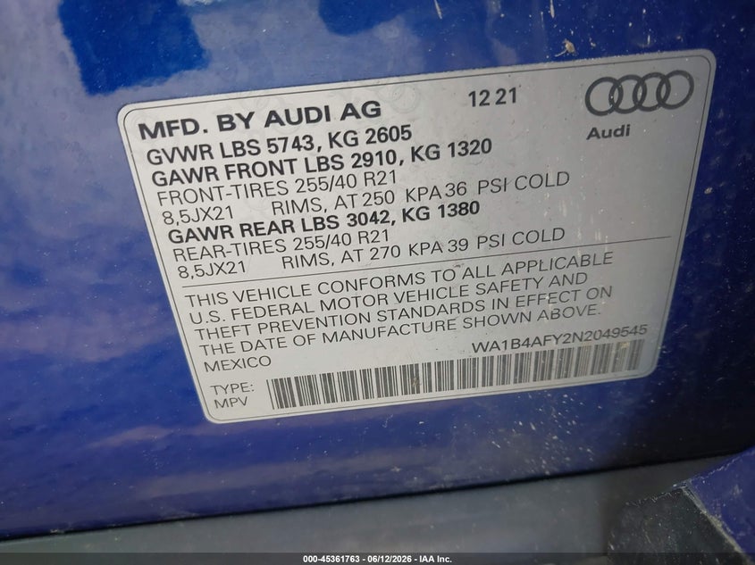 2022 Audi Sq5 VIN WA1B4AFY2N2049545 IAAI salvage auction — ROLLOVER, Salvage (Massachusetts), sold $4,500 on 2026-07-28 (photo 9)