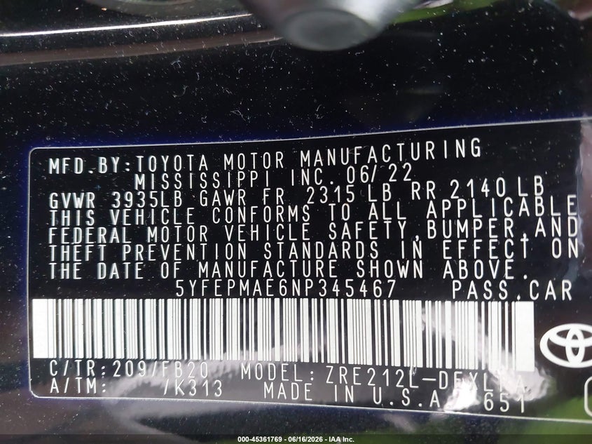 2022 Toyota Corolla VIN 5YFEPMAE6NP345467 IAAI salvage auction — REAR END, Salvage Title, sold $5,300 on 2026-07-23 (photo 9)