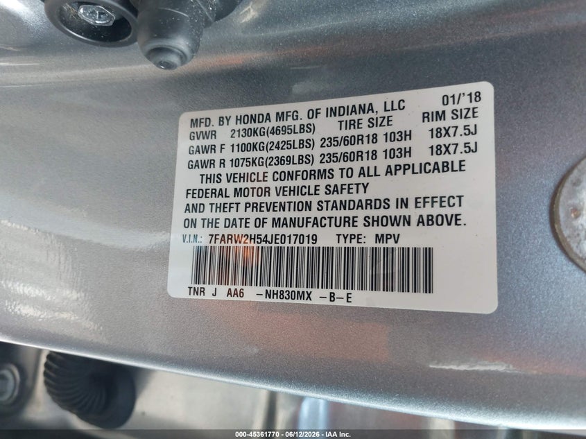 2018 Honda Cr-v VIN 7FARW2H54JE017019 IAAI salvage auction — FRONT END, Salvage (Pennsylvania), sold $5,700 on 2026-07-17 (photo 9)