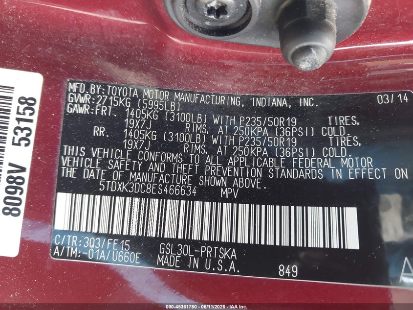 2014 Toyota Sienna VIN 5TDXK3DC8ES466634 IAAI salvage auction — REAR END, Salvage Title, sold $3,550 on 2026-07-28 (photo 9)