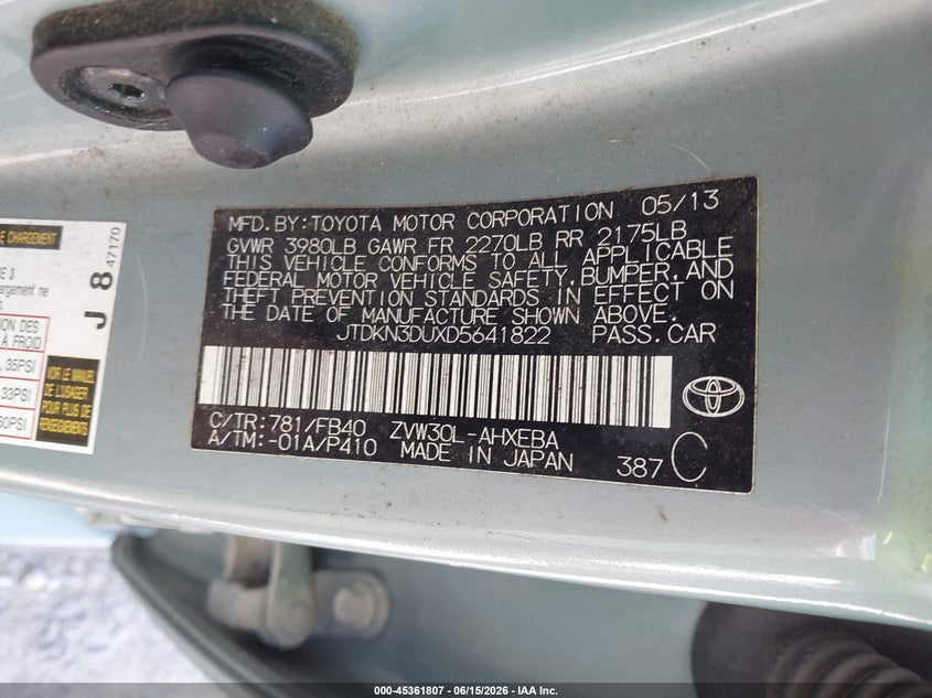2013 Toyota Prius VIN JTDKN3DUXD5641822 IAAI salvage auction — LEFT FRONT, Salvage (Idaho), sold $1,600 on 2026-07-06 (photo 9)